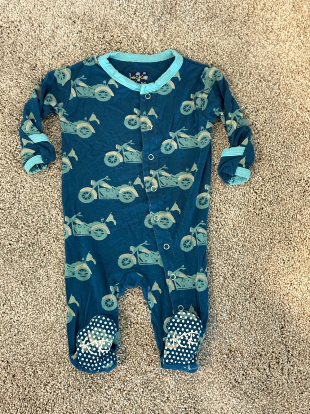 Kickee Pants Teal Motorcycle Print One-Piece Footed Pajamas 0-3 months